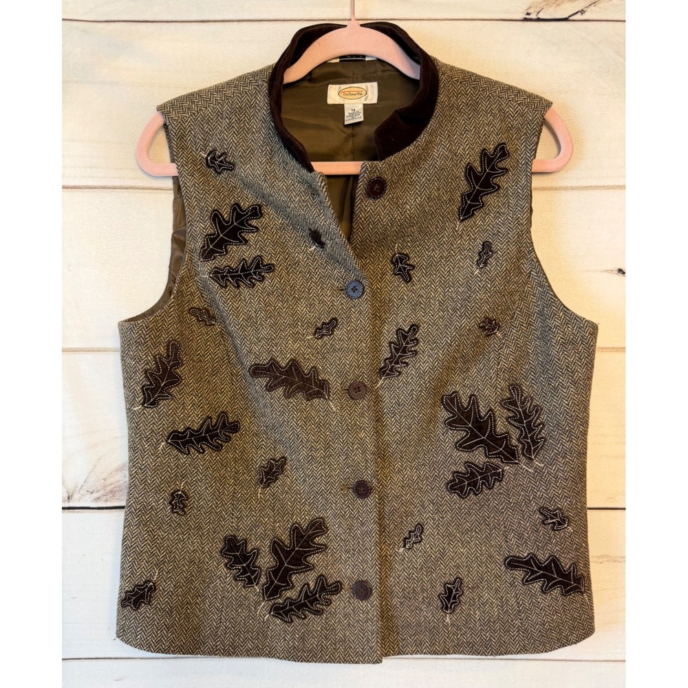 Talbots Wool Silk Herringbone Vest Brown Velvet Oak Leaf Embroidered Med Vintage